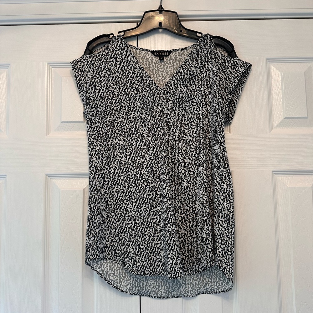 Express Black and White Asymmetrical Cap Sleeve Blouse